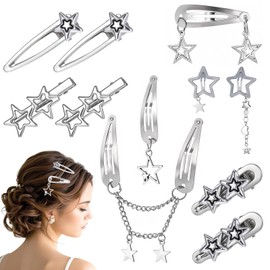 10 Pcs Silver Star Hair Clips, Silver Hair Accessories, 8 Shapes Pentagram Hairs Snap Clips, Metal Kawaii Barrettes for Women Girls