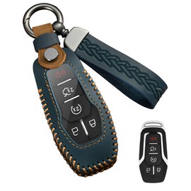 YINEOR for Ford Key Fob Cover Leather Car Key Case Protector keychain Smart Key Fob Holder Compatible for Mustang Explorer F150 Edge Fusion Lincoln MKZ MKC MKX (Blue)