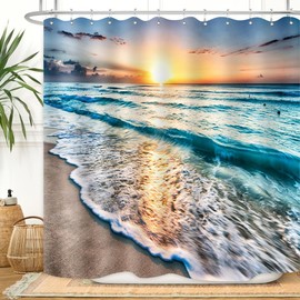 ZXMBF Ocean Shower Curtain Sand Beach Waves Sunrise Lanikai Theme Colorful Offshore Pacific Scenry Pattern Waterproof Fabric Bathroom Decor Set 72x72 Inch Plastic Hooks 12 Pcs Blue