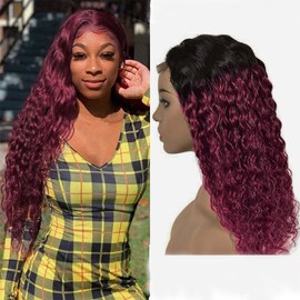 1b99j Ombre 4X4 Lace Closure Wig, Brazilian Remy Hair Wig, Glueless Wig, Free Part With Baby Hair Lace Front Wig, Black To Red Wigs, Wet And Wavy Wigs, 61 cm