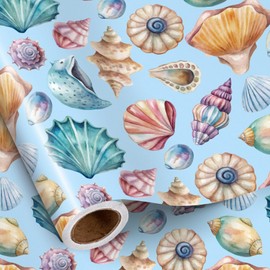 RUSPEPA Beach Seashell Wrapping Paper Roll for Kids, Mini Roll, Watercolor Ocean Gift Wrap with Conch and Scallop Shell, Blue Coastal Design for Birthday, Holiday, Summer Party, 17 Inches x 16.4 Feet