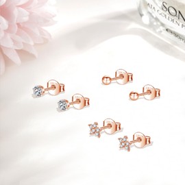 Sterling Silver Rose Gold Stud Earrings for Women Girls, 3Pairs Hypoallergenic Silver Ball Round Cubic Zirconia Stud Earrings set, Small Helix Cartilage Sleeper Flower Stud Piercing Earring 3/4/5mm