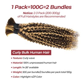 Human Braiding Hair for Boho Braids 4/27 Ombre 22 Inch Curly Deep Wave Bulk 2 Bundles 100g 100% Human Hair for Knotless Braids (P4/27, 22 Inch)