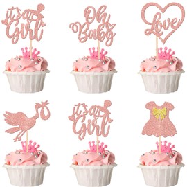30 piezas de decoración para cupcakes de baby shower, diseño de corazón con purpurina, decoración para decoración de género, baby shower, niñas, suministros de fiesta de cumpleaños, oro rosa