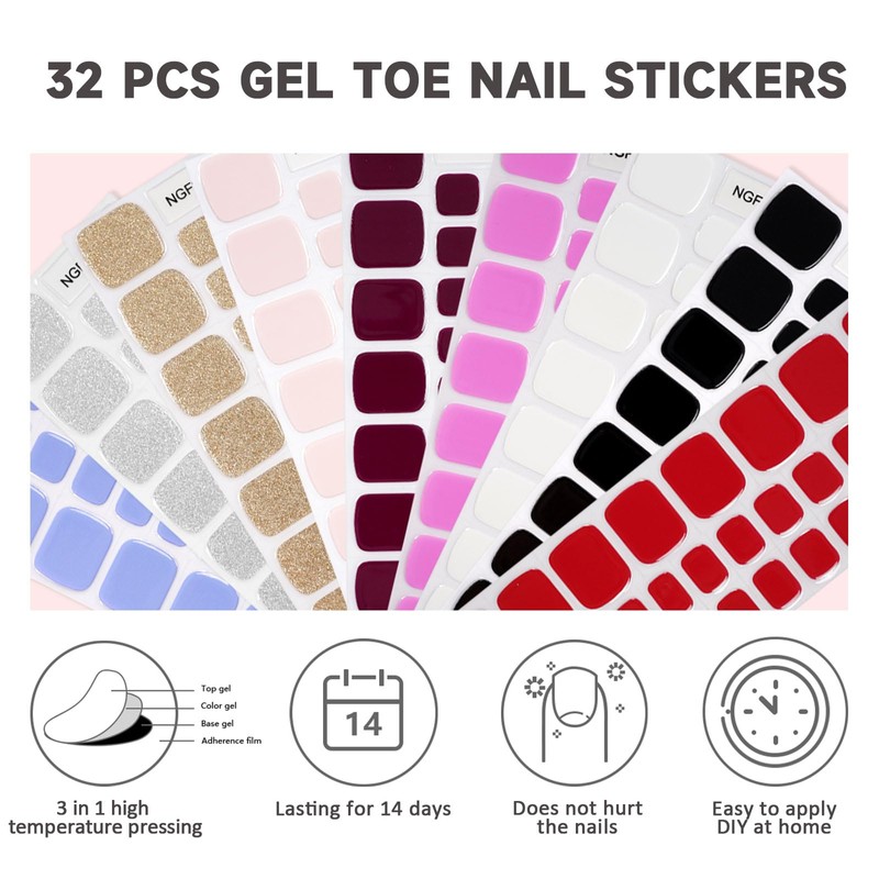 Semi Cured Gel Nail Strips,32 Pcs Toe Nail Stickers Full
