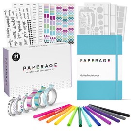 PAPERAGE Bullet Style Journal Kit, Dotted Journaling Starter Kit With Dotted Notebook, Fineliner Pens, Stickers, Stencil Sheets & Washi Tapes - color: Sky Blue