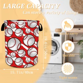 Red Baseball Theme Laundry Basket, Baseball Lover Laundry Hamper, Oxford Waterproof Foldable Clothes Storage Bin, Toy Organizer Basket for Bathroom/Household/College Dorms 15.7"x19.6"