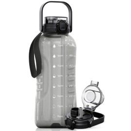 AQUAFIT 64 oz Water Bottle with Time Marker - 2in1 Straw & Chug Lid - BPA Free Big Water Bottle with Straw - Gym Water Bottle with Strap - Water Jug (64 Ounces, Gray)