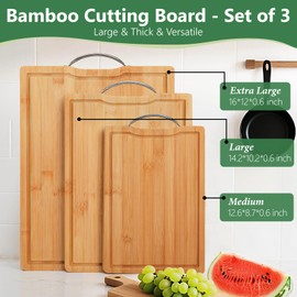 Bamboo Cutting Board, Wooden Cutting Boards for Kitchen with Double Sided Deep Juice Grooves & Wide Handle, Ideal Charcuterie & Chopping Board for Meat, Vegetables and Fruits