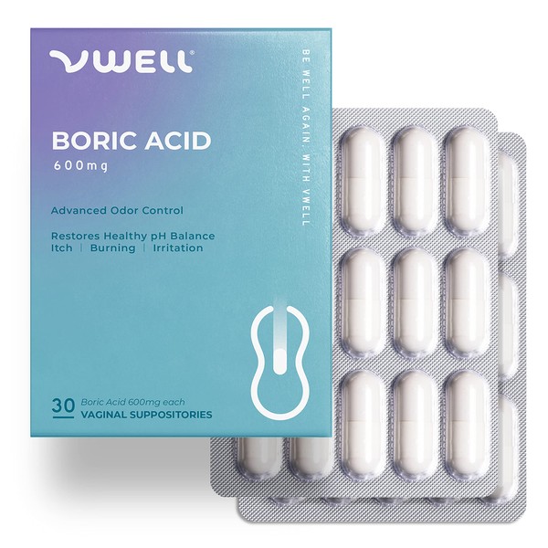 VWELL Boric Acid Vaginal Suppositories 30 Counts Blister Pack - Maintains and Balances Healthy Vaginal pH & Microbiome to Manage Odor Itch Burning Irritation Intimacy - Doctors Recommended for Women
