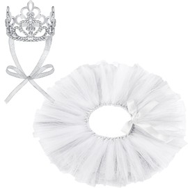 2 Pcs Dog Crown Headband Dog Tutu Dress Set Crystal Rhinestone Dog Tiara Crown Tutu Skirt Dog Dress Cute Pet Costume for Puppy Dog Birthday Party Wedding Photo Prop Costume (White,Medium)