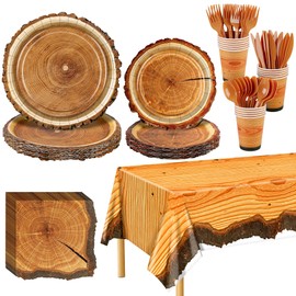 durony 129 Pieces Hunting Birthday Party Supply Camping Party Plate Tablecloth Cup Napkins Wood Slice Tableware Decorations for Kids Camo Hunter Themed Party
