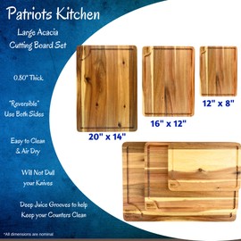 BIGGER - Patriots Kitchen - Cutting Boards for Kitchen, Large Wood Chopping Board Set of 3 with Deep Juice Groove, Acacia Charcuterie Board, Wooden Trays for Meat, Fruit and Cheese