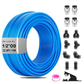 QITUO 1/2" Air line kit,1/2" OD 3/8" ID 32.8ft Blue Air Hose Tubing Fittings,13pcs Compressed Air Line Accessory Kit Push to Connect Fittings for Air Line
