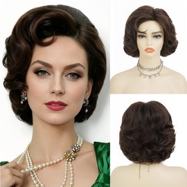 Brown 50s Short Curly Wig for Women Synthetic Costume Wig for Halloween Theme Party Cosplay