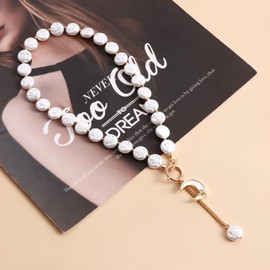 SINLOV Boho Tassel Faux Pearl Choker Necklaces Simple Crescent Pendant Necklace Jewelry for Women Girls (Gold)