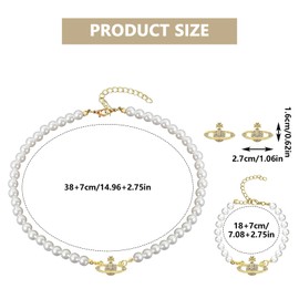 Women's Pearl Necklace Saturn Set of 3 Saturn Pearl Necklace Women's Bracelet Earrings Pearl Planet Necklace Birthday Anniversary Jewellery Gift for Wife Girlfriend Mother Daughter Gift, Pearl, alloy