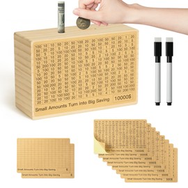 Bemaystar Money-Saving-Box: Natural Wood Savings Box, Large Savings Challenge Box with 8 Pre-Printed Targets and 2 Blank Targets $500 to $10000, Piggy-Bank for Kids Adults