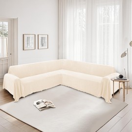 HDCAXKJ Corner Sectional Couch Covers for Dogs L Shape Sofa Cover with Tassel Chenille Soft Non Slip U Shaped Couch Cover Blanket Washable Sectional Slipcover Protector (Cream White, 91x276 inch)