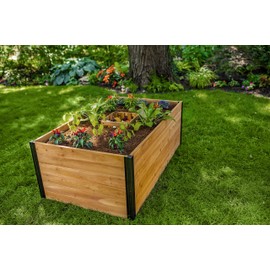 VITA Mezza 3 Foot x 5 Foot Keyhole Garden with Composting Basket, Golden Brown with Black Aluminum Posts, Cedar Wood, FSC, Pre-Stained, Insect and Pest Repellant, Outdoor, VT17702