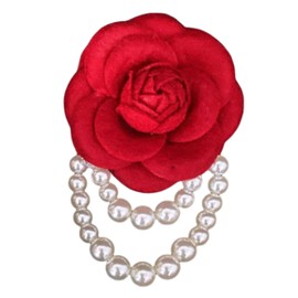 Vintage Camellia Pearl Tassel Brooches Bracelet Bohemian Pearl Safety Pins Bracelets Flower Hairpin Headpieces Shawl Pins Dainty Elegant Lapel Pins Wedding Party Dress Accessories for Women (red)