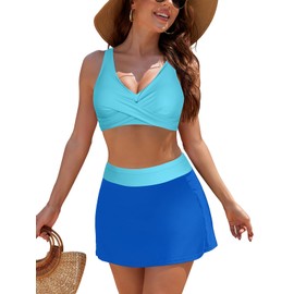 SHEKINI Women's High Waisted Bikini Set Twist Front Two Piece Skirt Swimsuits with Pockets, Sky Blue + Green, L