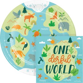 Trendware World Adventure Onederful World First Birthday Wildlife Animal Plates and Napkins Set, Serves 16