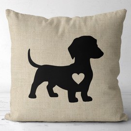 Dachshund Heart Flax Throw Pillow Cover,18 x 18 Inch Decorative Cotton Linen Cushion Cover for Sofa Couch Bed (Dachshund Heart, Flax)
