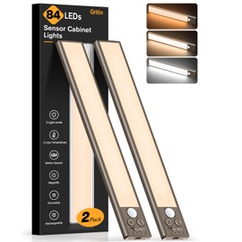 Gritin 10.2inch Under Cabinet Lighting Rechargeable -84 LED Super Bright,3-Color& 5 Level Brightness,4 Modes,Motion Sensor, Long Lasting- Easy Installation Magnetic Closet Lights -2 Pack-Bronze