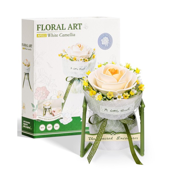 ROWOOD 3D Puzzle DIY Flowers White Camellia with Stand, Artistic