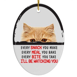 Every Snack You Make I'll Be Watching You Ginger Persian Cat Christmas Ornament - Funny White Oval Ceramic Decoration Gifts for Longhair Iranian Cat Lovers