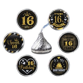 Years Old Happy Birthday Round Candy Sticker - 16th Birthday Party Decor-Black Gold - Round Candy Sticker Party Favors - Labels Fit Chocolate Candy.5 Sheet of 150(16)