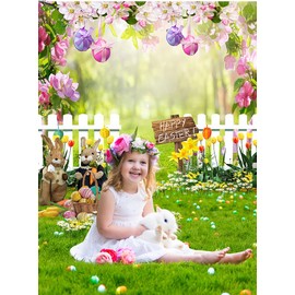 LTLYH 5x7ft Easter Backdrop Easter Floral Bokeh Photo Decorations Background Easter Rabbit Colorful Eggs Fence Green Grass Decor Photography Background 173