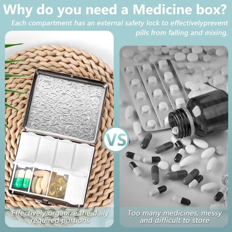 Pill Organizer 7 Days 8 Compartments, Travel Metal Pill Box,