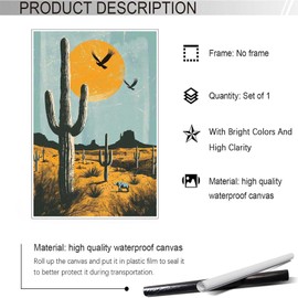 Vintage Desert Landscape Cactus Sunset Poster Giant Saguaro Cactus Artwork Natural Scenery Poster Suitable For Living Room Bedroom Bathroom Kitchen And Other Decoration 12x16in Unframed