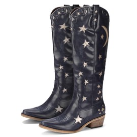 Navy Blue Mid Calf Cowgirl Boots with Stars Inlay Chunky Block Heels and Snip Toe Trend Shoes Stylish Embroidery Western Knee High Boots Cute Cowboy Boots For Ladies Casual Dressy Party Size 10