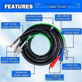 Boeray 12ft 3 in 1 Air Lines for Tractor Trailer Freightliner ABS Air Brake Lines Tractor Truck Glad Hand Air Hose