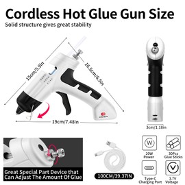 Cordless Hot Glue Gun, 20W Cordless Full Size Glue Gun with 2600mAh Type-C Rechargeable, 90S Fast Heating Glue Gun and Sticks Set with 30 PCS Glue Sticks for Crafts,DIY, School Projects,Home Repair