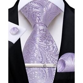 DiBanGu Mens Paisley Tie Formal Silk Tie & Pocket Square Cufflinks Tie Clip for Wedding Party Prom, lilac paisley
