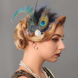 Flayem 1920s Feather Hair Clip Fascinator Gastby Flower Rhinestone Pearl Prom Costume Hair Accessory for Women (Black-Green)