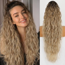 Isaic_hair Claw Long Wavy Ponytail Extension Black Brown 30" Curly Pony Tail Clip in Hair Extensions for Women Fluffy Natural Looking Synthetic braiding hair:_Black Claw clip Ponytail_30inch