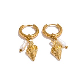 Mchic Sea Conch Earrings for Women - 18K Gold Drop Dangle Hoops with Pearl & Conch Shell Charms - Coastal Ocean Jewelry for Beach Vacation, Trendy Summer Earrings