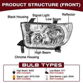 JSBOYAT Headlight Assembly Replacement for 2007 2008 2009 2010 2011 2012 2013 Toyota Tundra / 2008-2017 Sequoia Chrome Housing with Clear Reflector, w/o Headlight Leveling Adjuster
