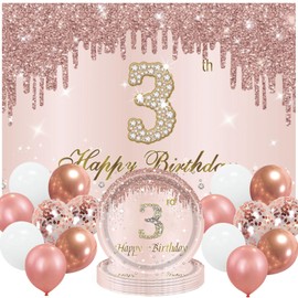 Rose Gold Pink 3rd Birthday Banner Backdrop for Girls,3 Years Old Birthday Party Decorations Banner,Balloons,Plates Set,Birthday Sign Poster Props Supplies