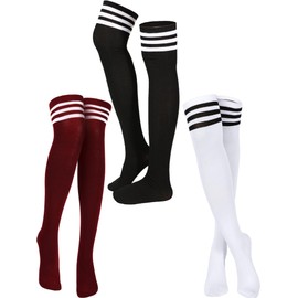 SATINIOR 3 Pairs Knee High Socks Thigh High Triple Stripe over the Knee Socks Long Opaque Thigh Stockings(Black, Wine Red, White)