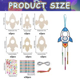 Toyhood 12 Pieces DIY Rocket Wind Chime Craft Set, DIY Wooden Wind Chime Craft Craft, Space Birthday Party Decoration, for Girls Boys Children's Birthday Party
