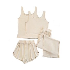 ft FENTENG Lounge Sets for Women 4 Piece Ribbed Knit Crop Tank Top and Shorts Pants Casual Outfits(L, Beige)