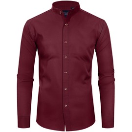 Alimens & Gentle Mens Solid Long Sleeve Banded Collar Dress Shirts Wrinkle Free Mandarin Collar Button Down Shirts Wine Red