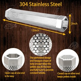 2 Pack 12" Smoker Tube, Pellet Smoker Tube Stainless Steel for BBQ Grill - 5 Hours Billowing Smoke for Hot/Cold Smoking Cheese, Meat, Fish, Hexagon Design, Includes Hooks, Basting & Cleaning Brushes
