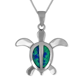 Sterling Silver Synthetic Blue Opal 23mm Turtle Pendant Necklace, 16+2" Extender